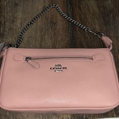 Coach Leather Handbag Blush Pink Zipper Closure Zipper Pocket On Front Chain Link Strap 1 Interior Pocket Fully Lined Nwt Excellent Condition Blush Rectangular Shoulder Bag With Zipper, Blush Rectangular Bag With Zipper Closure, Coach Blush Bag For Everyday Use, Blush Coach Bag For Everyday Use, Chic Pink Shoulder Bag With Zipper Pouch, Formal Crossbody Shoulder Bag With Zipper, Coach Bags With Zipper Pouch For Formal Occasions, Blush Clutch Bag With Removable Pouch, Blush Clutch With Removable Pouch