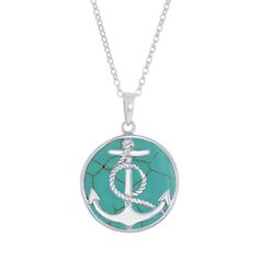 "Shimmering inlays give this seaside-inspired anchor necklace eye-catching style. Shimmering inlays give this seaside-inspired anchor necklace eye-catching style. NECKLACE DETAILS Clasp: spring-ring Packaging: boxed Plating: rhodium Finish: polished Metal: sterling silver Length: 18 in. Gemstones may have been treated to enhance their appearance. Special care may be required. Size: 18"". Color: Blue. Gender: female. Age Group: adult." Turquoise Necklace With Lobster Clasp In Beach Style, Ocean-inspired Turquoise Necklace With Lobster Clasp, Turquoise Ocean-inspired Necklace With Lobster Clasp, Turquoise Coastal Jewelry Gift, Turquoise Coastal Jewelry As Gift, Turquoise Coastal Jewelry As A Gift, Coastal Style Turquoise Jewelry As Gift, Nautical Style Anchor Jewelry In Blue, Blue Nautical Anchor Jewelry