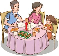 a family sitting at a table with food and drinks in front of them on a white background