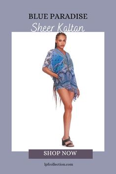 Looking for a glamorous addition to your wardrobe? Look no further than the Blue Paradise Sheer Kaftan! This must-have piece is the perfect combination of luxury and style. Crafted with silky poly georgette, it feels as luxurious as it looks. The Blue Fantasy mix media print is a stunning combination of paisleys and flowers that will turn heads wherever you go. Summer Georgette Tunic Kaftan, Fitted Bohemian Blue Cover-up, Blue Fitted Kaftan, Blue Silk Summer Kaftan, Fitted Kaftan For Summer Beach, Fitted Kaftan For Beach In Summer, Summer Beach Fitted Kaftan, Fitted Summer Beach Kaftan, Blue Chiffon Kaftan For Summer