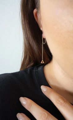 Gold Triangle Threader Earrings, 14K Solid Gold Earrings, Dainty Geometric Threaders, Long Gold Chain Earrings, Gift For Her, 9K Earrings Minimalist Triangle Jewelry, Minimalist Pierced Threader Earrings As Gift, Minimalist Triangle Jewelry For Pierced Ears, Minimalist Yellow Gold Threader Earrings, Gold Threader Earrings, Gold Chain Earrings, Threader Earrings Gold, Long Chain Earrings, Gold Triangle