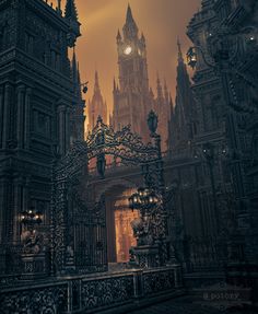 an image of a clock tower in the city at night with lights shining on it