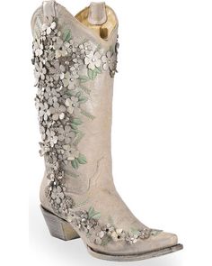 Corral Women's White Floral Overlay Embroidered Stud and Crystals Cowgirl Boots - Snip Toe, White Mode Country, Cowgirl Boots Wedding, Classic Black Boots, Cowgirl Wedding, Country Shoes, Womens Cowgirl Boots, Bota Country, Wedding Shoes Comfortable, Wedding Boots