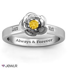 This ring features an exquisite rose accentuated by a brilliant birthstone or Swarovski Zirconia of your choice. This custom ring will be made to order just for you in your choice of metal, gem and engravings. Rose Flower Ring For Anniversary, Fine Jewelry, Rose-colored Fine Jewelry Flower Ring For Anniversary, Personalized Silver Flower Ring For Anniversary, Flower Shaped Birthstone Ring For Anniversary, Sterling Silver Rose Flower Ring For Anniversary, Elegant Personalized Birthstone Ring For Anniversary, Personalized Silver Flower Promise Ring, Elegant Personalized Birthstone Ring For Anniversary Gift, Personalized Rose Jewelry For Anniversary