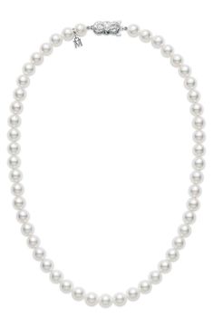 Free shipping and returns on Mikimoto Essential Elements Akoya Pearl Necklace at Nordstrom.com. Behold the sea's natural beauty with this strand of luminous cultured pearls, which are each carefully selected to ensure the best quality. An ornate white-gold clasp and small logo charm enhance its timeless elegance. Mikimoto Pearl Earrings, Mikimoto Pearl Necklace, Choker Necklace Online, Timeless Necklace, Akoya Pearl Necklace, Necklace Clasp, Pearl Jewels, Mikimoto Pearls, Elegance Style