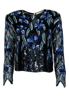 Current Boutique-O.R. Silk - Vintage Black & Blue Floral Sequined Blouse Sz S Glamorous Sequin Tops For Cocktail, Elegant Floral Print Party Tops, Glamorous Embellished Spring Blouse, Spring Glamorous Embellished Blouse, Glamorous Embellished Blouse For Spring, Fitted Floral Print Blouse For Party, Blue Embellished Party Blouse, Formal Sequin Blouse For Spring, Glamorous Sequined Tops For Formal Occasions