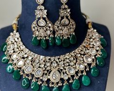 Gorgeous Antique Gold Polki Necklace Set With Beautiful Earrings Tikka /indian Jewelry/ High Quality/bollywood Jewelry/green - Etsy Green Jewelry With Zari Work For Eid, Heavy Green Kundan Necklace For Eid, Green Chandbali Bridal Necklace For Eid, Green Jewelry Sets For Wedding And Eid, Green Kundan Necklace For Eid Wedding, Elegant Green Jhumkas With Zari Work, Heavy Green Bridal Necklace For Eid, Heavy Green Bridal Necklace For Festive Occasions, Festive Green Hand Set Tikka