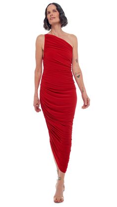 DIANA GOWN – Norma Kamali Draped Asymmetrical Stretch Dress For Party, Stretch Draped Asymmetrical Dress For Party, Stretch Draped One Shoulder Party Dress, Fitted One Shoulder Dress With Ruched Asymmetrical Hem, One Shoulder Ruched Asymmetrical Stretch Dress, Fitted Draped Midi Dress With Side Slits, Draped Maxi Dress With Ruched Sides For Party, Fitted Draped Maxi Dress, Party Maxi Dress With Ruched Sides And Draped Shape