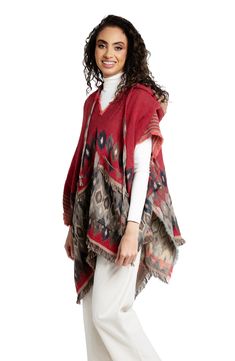 Elevate your festival look with this layer-ready poncho that features a drawstring hood and allover eye-catching pattern. Drawstring hood Short sleeves 73% acrylic, 12% viscose,9% wool, 6% lurex Dry clean Imported Red Cape Poncho For Festival, Hooded Fall Festival Poncho, Red Poncho For Festival In Fall, One Size Red Outerwear For Festival, Red Fall Festival Poncho, Hooded Red Poncho For Fall, Red Hooded Poncho For Fall, Red Bohemian Poncho For Winter, Red Bohemian Hooded Poncho