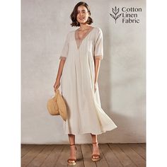 Season:Summer,Spring; Fabric:Linen Cotton Blend; Sleeve Length:Half Sleeve; Look After Me:Machine wash; Gender:Women's; Style:Modern,Basic; Elasticity:Inelastic; Occasion:Weekend,Daily; Fit Type:Loose Fit; Dresses Type:Swing Dress,Casual Dress,Cotton Linen Dress; Pattern:Plain; Design:Patchwork; Neckline:V Neck; Brand:Ador; Front page:FF; Listing Date:03/18/2024; Production mode:Self-produce; Bust:; Length:; Shoulder Width:; Sleeve:; Waist:; Dress Length Type:Midi Dress; Print Type:non-printing; Cotton Shift Dress With V-neck, Cotton V-neck Shift Maxi Dress, Summer Shift Maxi Dress, Non-stretch Cotton Midi Dress For Summer, Summer Longline Beach Dress, Summer Beach Longline Dresses, Summer Vacation Longline Midi Dress, Non-stretch Short Sleeve Midi Dress For Summer, Beige Cotton Maxi Dress With Short Sleeves