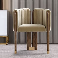 a beige chair sitting in front of a wall with vertical stripes on the back and sides