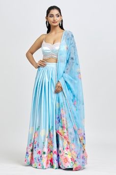 Ice blue floral print attached cancan lehenga. Paired with a hand embroidered padded blouse and matching embellished dupatta. - Aza Fashions Blue Floral Print Wedding Sets, Blue Bollywood Lehenga With Floral Print, Blue Floral Print Choli For Festive Occasions, Fitted Blue Floral Print Sharara, Festive Blue Floral Print Choli, Blue Anarkali Lehenga With Floral Print, Cancan Lehenga, Padded Blouse, Blue Floral Print