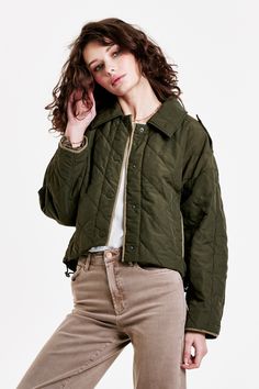 image of a female model wearing a DEENA QUILTED SHELL BOXY JACKET GRETNA DEAR JOHN DENIM Green Utility Outerwear With Snap Buttons, Green Utility Button-up Outerwear, Military Style Green Outerwear With Snap Buttons, Green Quilted Long Sleeve Jacket For Fall, Green Long Sleeve Quilted Jacket For Fall, Green Outerwear With Snap Buttons For Streetwear, Green Button-up Utility Jacket For Winter, Oversized Green Winter Utility Jacket, Green Utility Jacket With Snap Buttons