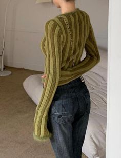 Cropped Striped Green Long Sleeve Ribbed Cardigan, Green Cable Knit Tops For Winter, Green Layering Tops For Winter, Green Winter Layering Tops, Trendy Green Crew Neck Cardigan, Green Knitted Tops For Layering, Fall Green Stretch Cardigan, Fitted Green Cable Knit Sweater, Green Long Sleeve Cable Knit Tops