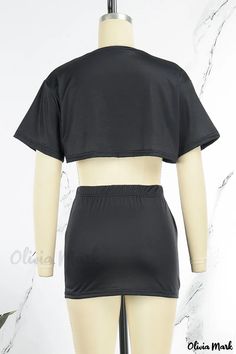 Olivia Mark - Chic Street-Style Patchwork Two-Piece Set with Blue Print, Sexy O-Neck and Short Sleeves Summer Black Two-piece Crop Top, Black Two-piece Crop Top For Summer, Fitted Solid Color V-neck Sets, Two-piece Stretch Tops With Mini Length, Black Summer Two-piece Tops, Fitted Black Two-piece Top, Black Fitted Two-piece Top, Stretch V-neck Two-piece Set, Stretch Two-piece V-neck Set