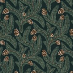 a green and brown wallpaper with pine cones