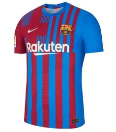 the nike barcelona home shirt is shown in red and blue stripes, with an embroidered logo on