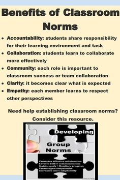 a poster with the words benefits of classroom norms and other things to know about them