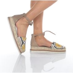 Snake Print Ankle Wrap Espadrille Platforms By Vince Camuto. Features A Snake-Embossed And Solid Leather Upper, Closed Almond Toe Capped With Jute-Wrapped Trim, Adjustable Instep Self-Ties With Back Zipper Closure For Easy On/Off, Lightly Cushioned Footbed, Jute-Wrapped Espadrille Midsole, And1-1/4" Wedge Heel. Condition: New With Box. Yellow Espadrilles With Woven Sole, Yellow Round Toe Espadrilles For Spring, Yellow Closed Toe Espadrilles For Vacation, Yellow Round Toe Espadrilles For Vacation, Yellow Espadrilles With Woven Sole And Round Toe, Yellow Flat Heel Espadrilles For Beach, Espadrilles Platform, Ankle Wrap, Vince Camuto Shoes