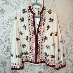 New. Size Small. Zara Embroidered White Floral Birds Jacket White Embroidered Outerwear For Fall, White Festive Outerwear For Fall, White Long Sleeve Top With Intricate Embroidery, White Zara Embroidered Top, White Long Sleeve Outerwear With Resham Embroidery, White Floral Print Festive Top, White Long Sleeve Blouse With Embroidered Border, Festive White Floral Print Top, Zara Embroidered Blouse For Fall