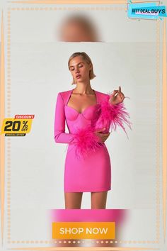 a woman in a pink dress with feathers on her head and the words, 20 % off