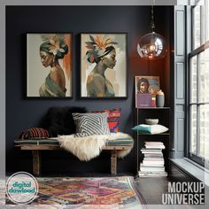 ✨ Present your artwork, designs, or photography in a striking and sophisticated setting with our Dark Gallery Wall Art Set Mockup. Designed with artists, designers, and photographers in mind, this mockup features double black frame set against a rich, dark interior. The space is adorned with colorful, textured pillows and a woven wall hanging, creating a cozy and eclectic atmosphere. This high-resolution mockup offers a perfect blend of modern elegance and artistic flair, making your creations s Eclectic Hallway, Eclectic Entryway, Wall Art Template, Frame Gallery Wall, Textured Pillows, Poster Mockup Psd, Mockup Frame, Modern Entryway, Dark Artwork