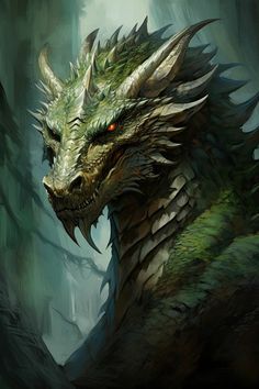 a green dragon with red eyes in the woods