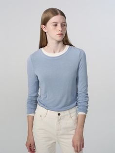 This is a minimal and modern top by DEPOUND that is made out of high quality and sturdy material. With distinctive mood of the design and comfortable wear, you can style it for your casual daily outfit.- Embroidery detail on neckline and center back- Logo embroidery point on lower front- Soft touch of wool blend fabric Blue T-shirt For Everyday Fall Wear, Versatile Long Sleeve T-shirt, Simple Long Sleeve Tops For Everyday, Fine Knit Long Sleeve Top For Spring Layering, Washed Blue Everyday Top For Fall, Washed Blue Top For Everyday Fall Wear, Everyday Washed Blue Top For Fall, Blue Crew Neck Long Sleeve Top For Spring, Blue Long Sleeve Crew Neck Top For Spring