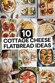 Collage of 10 creative cottage cheese flatbread recipes with various toppings. Flatbread Ideas, Olive Flatbread, Salmon Flatbread, Cottage Cheese Breakfast, Cottage Cheese Eggs, Cheese Flatbread, Low Calorie Breakfast, Berry Breakfast, Basil Pesto