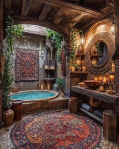 an ornate bathroom with a large rug on the floor and a tub in the middle