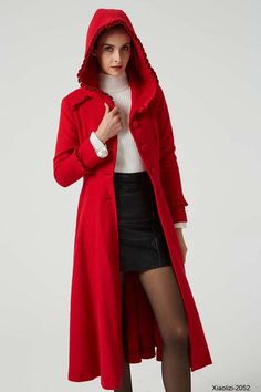 ruffle coat Fitted Red Wool Long Coat, Hooded Fall Outerwear With Ruffles, Fall Hooded Outerwear With Ruffles, Elegant Hooded Wool Coat For Winter, Fitted Red Wool Coat For Winter, Wool Dress Coat, Red Long Coat, Fit And Flare Coat, Red Cap