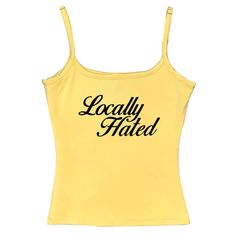 This top features "Locally Hated" in eye-catching white lettering Size:• S: Bust: 78cm/ 30.7 in, Length: 41cm/ 16.1 in• M: Bust: 82cm/ 32.3 in, Length: 42cm/ 16.5 in• L: Bust: 86cm/ 33.9 in, Length: 43cm/ 16.9 in• XL: Bust: 90cm/ 35.4 in, Length: 44cm/ 17.3 inMaterial: Cotton, Polyester Trendy Cotton Tank Top With Text Print, Trendy Cotton Text Print Tank Top, Trendy Letter Print Tank Top For Streetwear, Summer Streetwear Tank Top With Text Print, Summer Streetwear Text Print Tank Top, Spring Streetwear Tank Top With Text Print, Casual Summer Tops With Lettering, Trendy Summer Tops With Lettering, Fitted Text Print Tank Top For Summer