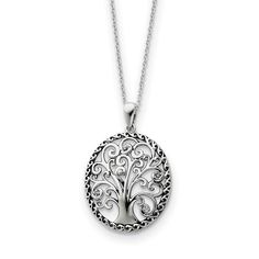 The Tree of Life represents that Jesus is our source of life. This 18 inch necklace is crafted from rhodium plated sterling silver and accented with white cubic zirconia stones. The pendant measures approximately 22mm (7/8 inch) in width by 35mm (1 3/8 inch) in length with the bail. Each piece includes a card with the following inspirational poem written by the artist and verse printed in English and Spanish. In the Book of Genesis is a tree in the Garden of Eden whose fruit gives everlasting li Bow Jewelry, Tree Of Life Necklace, Tree Of Life Pendant, Fine Jewelry Gift, Selling Jewelry, Tree Of Life, Sterling Silver Necklaces, Rhodium Plated, Jewelry Inspiration