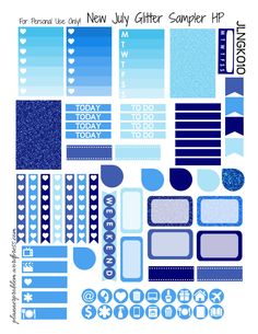 the blue and white planner stickers are arranged on top of each other, with different shapes