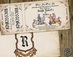 an old fashioned ticket for the knight robert's birthday party is displayed on a wooden background