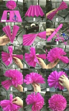 the instructions for how to make paper flowers with tissue pom poms and scissors