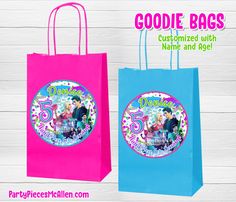 two pink and blue shopping bags with balloons in the background