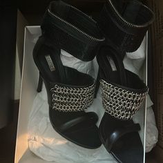 Never Worn Chainmail And Sequin Heel Black Heels With Chain For Party, Silver High Heels With Chain Strap, Chic Silver Heels With Chain Strap, Silver Heels With Chain Strap, Sequin Heels, Chain Mail, Ankle Strap Heels, Cute Shoes, Shoes Women Heels