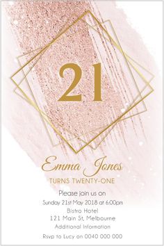 a pink and gold 21st birthday party card