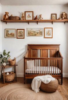 61 Dreamy Nursery Room Inspirations: From Cozy Corners to Whimsical Themes Nursery For Surprise Gender, Nursery Decor Whimsical, Ideas For Nursery Room, Beside Nursery Ideas, Wall Boards Ideas, Gender Neutral Nursery Dark Wood Crib, Nursery With Bookshelves, Vintage Decor Inspiration, Nursery Dark Wood Furniture