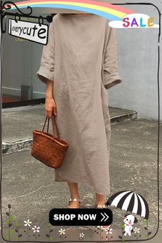 Solid Long Sleeve Round Neck Casual Cotton Maxi Dress Fall Shift Midi Dress In Solid Color, Oversized Brown Spring Dresses, Casual Plain Spring Dress, Solid Color Shift Midi Dress For Fall, Fall Solid Color Shift Midi Dress, Fall Midi Dress In Solid Color With Shift Fit, Brown Oversized Dress For Spring, Casual Brown Midi Dress, Casual Solid Color Midi Dress For Day Out