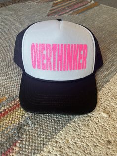 Overthinker in pink Glitter ummmm YES!  This funny trucker hat will sure to be a show stopper!   Black and White Foam Trucker Adjustable Snap Back Overthinker in Pink Glitter Funny Trucker Hats, Summer Trucker Hat, Lake Hat, Trucker Hat Outfit, Hats Trendy, Funny Trucker Hat, Trucker Humor, Silly Hats, Things I Need To Buy