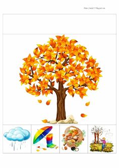 an image of a tree with the words jesien on it and pictures of autumn leaves