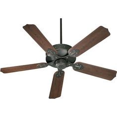 a ceiling fan with four wooden blades on it's blade and two dark wood blades