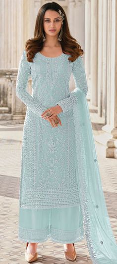 Blue color Salwar Kameez in Net fabric with Embroidered, Stone, Thread work Luxury Chinon Salwar Kameez Maxi Length, Cyan Colour, Bollywood Party, Palazzo Suit, Net Dress, Blue Party Dress, Net Fabric, Net Dupatta, Pakistani Designers