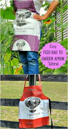 an apron made out of bags with the words feed bag to garden apron on it