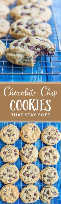 chocolate chip cookies on a cooling rack with text overlay