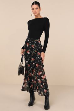 The Lulus Marvelously Charming Black Floral Ruffled High-Rise Maxi Skirt will quickly make its way into your weekly favorites rotation! Airy woven chiffon boasts a darling floral print throughout as it shapes a high, banded waist and a sleek, column-like silhouette. Asymmetrical ruffle trim at the front and back lends a whimsical touch, while a flared, slightly sheer maxi hem completes the look. Hidden back zipper/clasp. Fit: This garment fits true to size. Length: Ankle length. Size medium meas Chic Flowy Ruffled Skirt, Chic Chiffon Tiered Skirt Bottoms, Chic Flowy Maxi Skirt With Layered Hem, Chic Flared Maxi Skirt With Layered Hem, Chic Layered Hem Flared Maxi Skirt, Chic Chiffon Ruffled Skirt Bottoms, Chic Long Skirt With Layered Hem, Chic Chiffon Skirt With Ruffles, Chic Black Skirt With Layered Hem