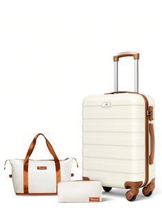 White Brown  Collar  ABS   Embellished   Luggage & Travel Gear White Travel Bag With Luggage Sleeve For Weekend Trips, White Travel Bag With Luggage Sleeve, White Rectangular Luggage For Weekend Trips, Rectangular White Luggage For Weekend Trips, Functional White Travel Accessories, White Rectangular Luggage With Sleeve, White Rectangular Luggage For On-the-go, Packable Rectangular Luggage For Overnight Trips, White Rectangular Travel Accessories