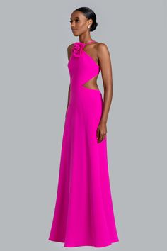 Made of luxurious crepe fabric, this gown boasts a modern silhouette and trendy flower trim in a vibrant color. Chic Pink Gown For Gala, Pink Floral Embellished Floor-length Maxi Dress, Pink Floral Embellished Evening Dress, Pink Floral Embellished Maxi Dress For Parties, Pink Floral Evening Dress, All White Party Dresses, Neutral Dresses, Missy Dresses, Shimmery Dress